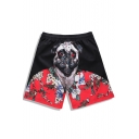 Best Big Men's Black and Red Quick Dry Elastic Dog Printed Swim Trunks with Drawstring and Pockets
