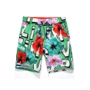 Big and Tall Quick Dry Mens Floral Green Letter Pattern New Swim Trunks with Cargo Flap Pockets