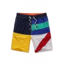 Classic Elastic Blue and Yellow Color Block Swim Shorts with Drawstring and Pockets