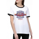 TELEVISION MARATHON Letter Character Printed Round Neck Short Sleeve Tee