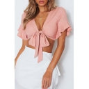 Sexy V Neck Tied Front Ruffle Detail Short Sleeve Crop Tee