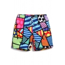 Colorful Abstract Color Block Pattern Swim Shorts Trunks with Pockets and Drawstring