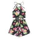 Halter Floral Pineapple Printed Sleeveless Crop Cami with Elastic Waist Culotte Co-ords