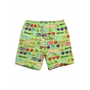 Green Fruit Letter Print Swim Trunks with Drawcord and Mesh Lined Pockets