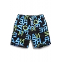 Quick Dry Black Stretch Men's Letter Printed Bathing Suit Shorts with Mesh Lining Pockets