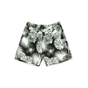 Retro Mens Black Floral Tropical Pattern Monochrome Bathing Shorts with Mesh Liner and Pockets