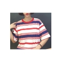 Women's Stylish Striped Pattern Half Sleeves Round Neck Summer T-shirt