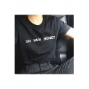 UH HUH HONEY Letter Printed Round Neck Short Sleeve Tee