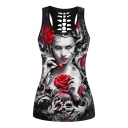 Character Floral Skull Printed Sleeveless Hollow Out Back Tank