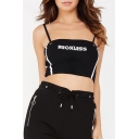 RECKLESS Letter Embroidered Contrast Striped Spaghetti Straps Sleeveless Crop Cami