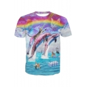 Cat and Shark Printed Round Neck Short Sleeve Tee