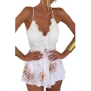 Lace Insert Floral Printed Spaghetti Straps Sleeveless Open Back Romper