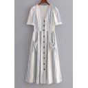 V-Neck Stripes Single Breasted Button Short Sleeve Dress with Double Pockets