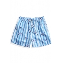 Pop Fashion Quick Drying Elastic Drawcord Mens Blue Striped Starfish Swim Shorts with Brief Liner