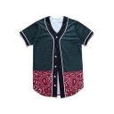 Fashionable Color Block Printed V Neck Short Sleeve Buttons Down Tee