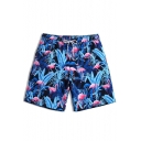 Trendy Men's Black Elastic Tropical Flamingo Printed Beach Shorts with Pockets and Lining