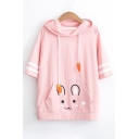Carrot Pattern Embellished Drawstring Hood Rabbit Printed Short Sleeve Hooded Tee