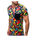 Camouflage Printed Round Neck Short Sleeve Slim Tee with Pocket