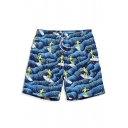 Stylish Designer Navy Blue Male Surfing Cartoon Wave Swim Trunks with Lined Pockets