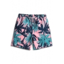 Mens Summer Short Pink Palm Plant Swim Shorts Beachwear with Liner and Pockets