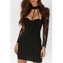 Lace Insert High Neck Hollow Out Long Sleeve Mini Bodycon Dress