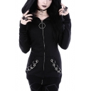 Ring Embellished Long Sleeve Plain Zip Up Hoodie