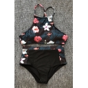 Color Block Leaf Floral Printed Halter Sleeveless Cami with High Waist Bottom Bikini