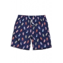Trendy Mens Navy Blue Flip Flops Pattern Swim Beach Shorts with Hook and Loop Pockets