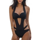 Sexy Halter Hollow Out One Piece Plain Swimwear