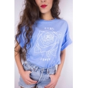 GIRL POWER Letter Floral Printed Round Neck Short Sleeve Tee