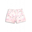 Quick Dry Mens Pink Stretch Flamingo Printed Bathing Shorts with Brief Lining