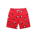 Red Cute Guys Drawstring Skiing Penguin Swim Trunks without Brief Liner