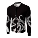 Octopus Printed Stand Up Collar Long Sleeve Zip Up Jacket