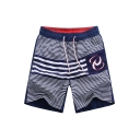 New Navy Blue and White Big and Tall Male Striped Print Swim Trunks Bathing Suit with Back Flap Pockets