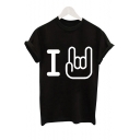 I Letter Gesture Printed Round Neck Short Sleeve Tee