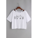 Hollow Out Cactus Printed Round Neck Short Sleeve Tee