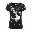 Letter Anchor Printed Round Neck Short Sleeve Tee