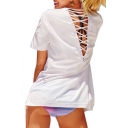 Letter Printed Hollow Out Lace Up Back Round Neck Short Sleeve Tee
