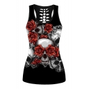 Floral Skull Printed Hollow Out Back Sleeveless Tank