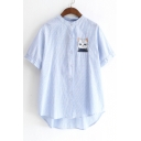 Cat Embroidered Stand Up Collar Short Sleeve Striped Printed Buttons Down Shirt