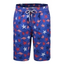 Big and Tall Blue Starfish Shell Printed Elastic Funny Swimming Shorts with Pockets and Liner