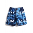 Fancy Designer Men's Blue Palm Letter Embroidery Bathing Shorts with Cargo Pockets and Mesh Lining