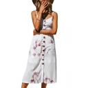 Floral Printed Spaghetti Straps Sleeveless Buttons Down Maxi Cami Dress