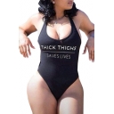 THICK THICHES Letter Printed Sleeveless One Piece Swimwear
