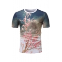 3D Color Block Floral Printed Round Neck Short Sleeve Tee