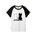 Color Block Raglan Short Sleeve Couple Cats Letter Printed Round Neck Tee