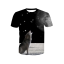 3D Moon Wolf Printed Round Neck Short Sleeve Tee