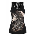 Skull Unicorn Floral Printed Round Neck Sleeveless Hollow Out Back Tank