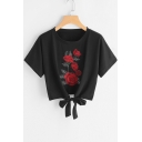 Floral Embroidered Bow Tied Hem Round Neck Short Sleeve Crop Tee