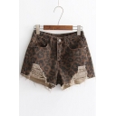 Cut Out Detail Leopard Printed Zipper Fly Hot Pants Denim Shorts